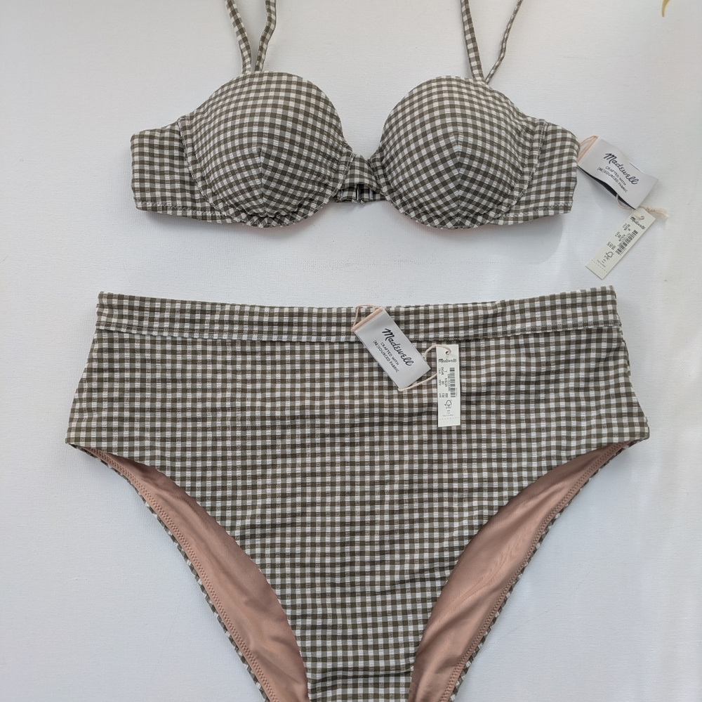 NWT Madewell Gingham Green Seersucker Bikini Set High Waist Balconette